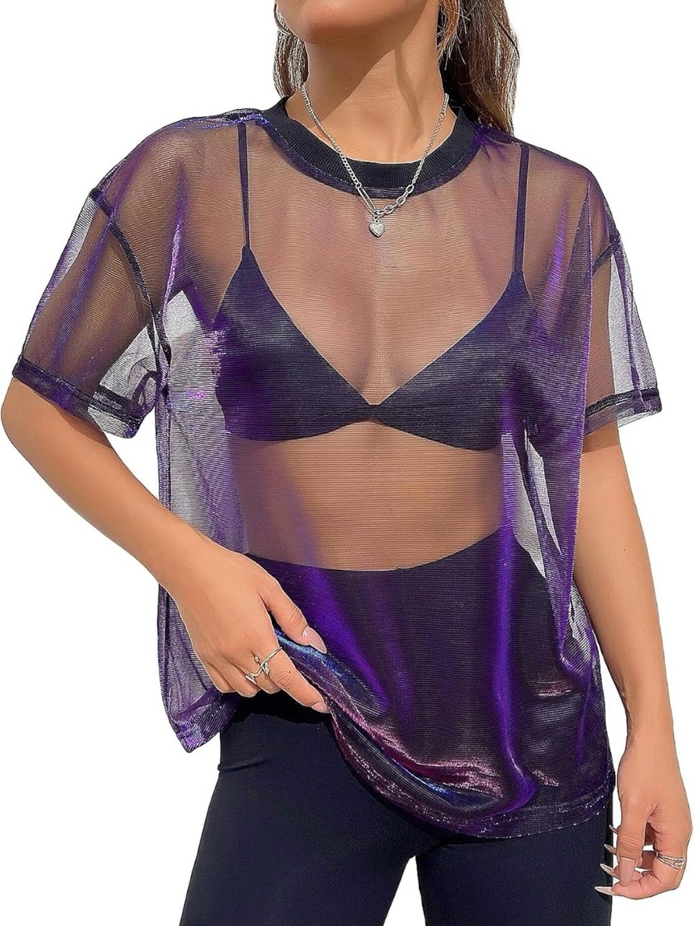 Sheer Mesh Short Sleeve Top - Purple